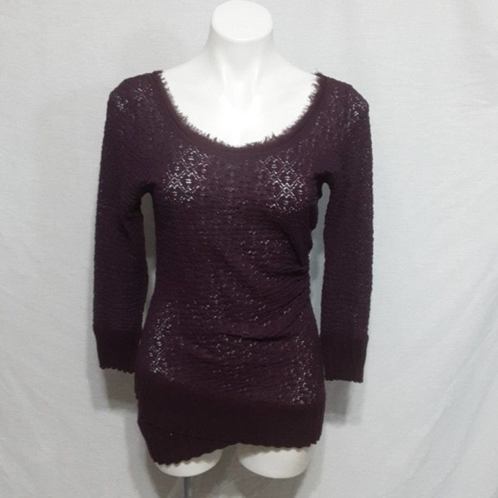 Deletta Anthropologie Purple Fringed Sheer Ribbed Long Sleeve Top M Boho Chic